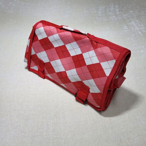 Rolling Travel Bag Collapsible Red White Argyle Print - Picture 7 of 8